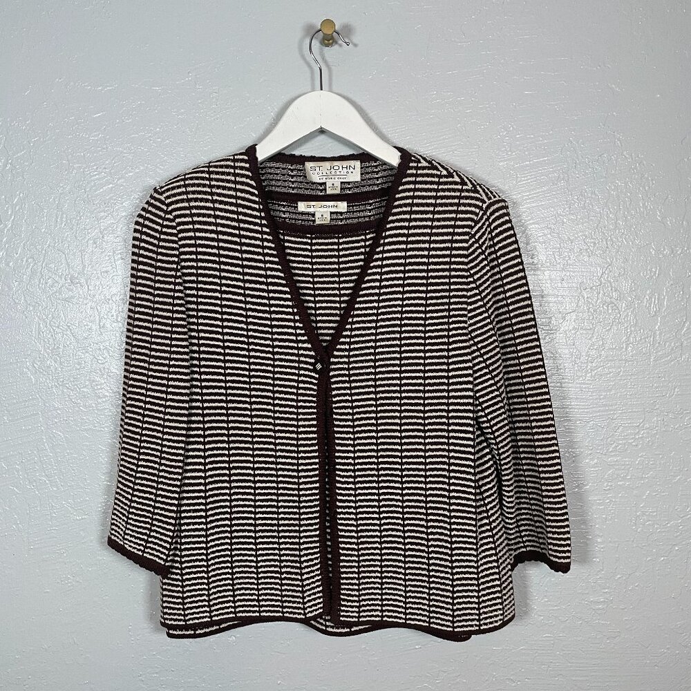 St John Collection Women 6/ S Brown White Stripe Sweater Set Knit Shoulder Pads